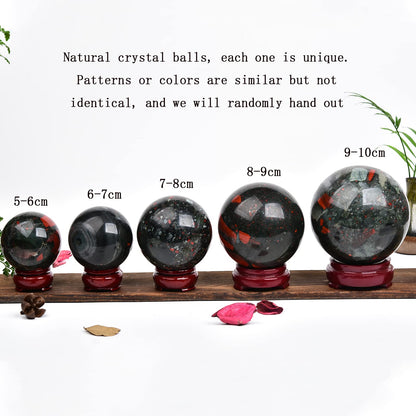 JIC Gem African Bloodstone Crystal Ball Natural Quartz Crystal Sphere Stone Ball with Wooden Base (70-80mm)