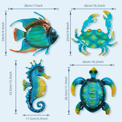 dreamskip Metal Beach Wall Decor Art, Ocean Themed Sea Turtle Fish Seahorse Crab Coastal Wall Sculpture, Nautical Outdoor Decor For Garden, Fence, Patio, Pool, Bathroom (4 Pcs)
