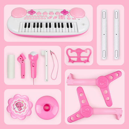 Kids Piano Keyboard Toys, 31-Keys Piano for Toddler Ages 3-5-9, Educational Toys with Microphone, Stool, Portable Multifunction Electronic Musical Instrument, 3+Year Old Girls Birthday Gift Ideas-Pink
