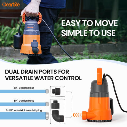 Cleartide Submersible Sump Pump with Tethered Float Switch, 1/2 HP Utility Water Pump, Electric Drain Pump Handles 3/8" Solids, 10 FT Cord