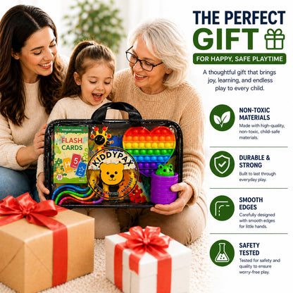 KIDDYPAX Kids Travel Activity Kit, 10-in-1 Montessori Busy Board, LCD Writing Tablet, Wooden Puzzle, Flash Cards & Sensory Fidget Toys, Screen-Free Travel Toys, Gift for Kids Ages 3–10