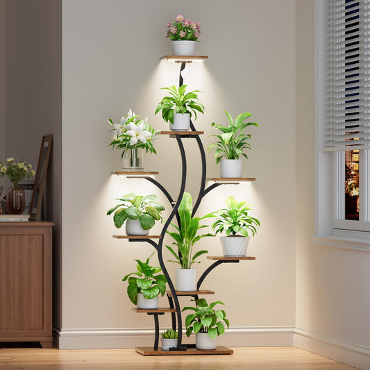 Plant Stand Indoor with Grow Lights - Lighted Plant Shelf Indoor, 64.5" Tall Corner Plant Stands for Indoor Plants, 9 Tiered Tree-Shaped Flower Shelf Metal Holder for Living Room, Bedroom, Black