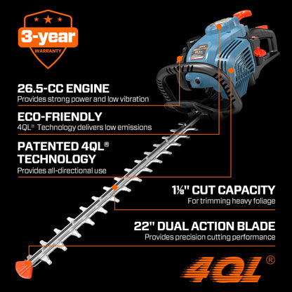 SENIX 4QL 26.5 cc 4 Cycle 22-Inch Gas Hedge Trimmer, Garden Tool to Trim Shrubs,Bushes,and More,Double Sided Dual Action Blades,1-1/8" Cutting Capacity,Includes Blade Cover(HT4QL-L)