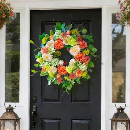 CHvista Spring Wreaths for Front Door Outside 24 Inch Luxury Summer Wreath with White Rose Flowers,Pink Dahlia & Green Hydrangeas,Lush Greenery Spring Front Door Wreath for Home,Wall,Porch Decor