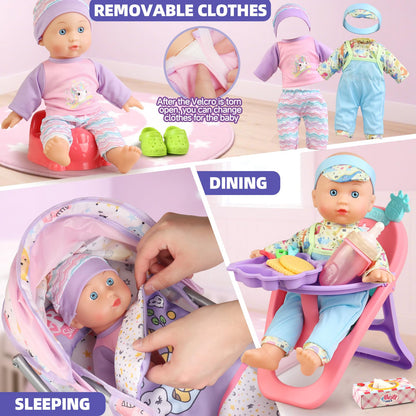 Baby Doll Stroller Playset for Girls Toddlers 3-5 4-6 5-7 Year Old to Play House Games. Stroller Toy with 12.5" Baby Doll, Dining Chair, Quilt Pillow, 24 PCS Doll Accessories and 2 Sets Clothes.