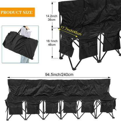 Wonderjune Folding Soccer Bench Portable Sports Team Bench with Pockets and Carrying Bag for Sports Team Outdoor Camp Travel Soccer Practice(Black,6 Seat)