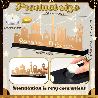 MorningRo Ramadan Mubarak Decorations Islamic Candle Holder with 5 Tea Candles Eid Mubarak Metal Sign with Wood Base Ramadan Kareem Table Centerpieces Eid Al Fitr Muslim Party Gifts