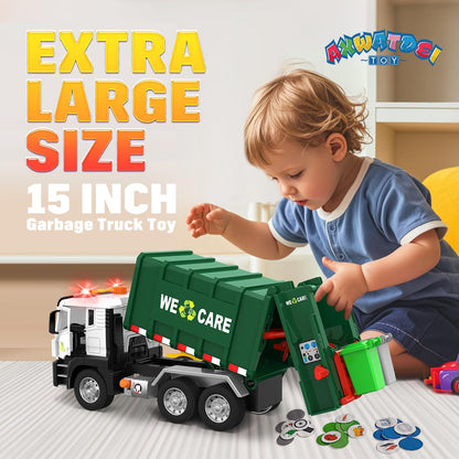 Garbage Truck Toy, Large Friction Powered Trash Truck Toy with Light and Sounds, 4 Trash Bins and Learning Cards for Kids