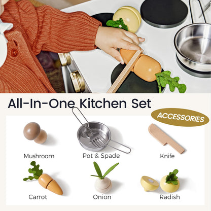 Tiny Land Toddler Kitchen Playset, Wooden Play Kitchen Set Toy with Cutting Food & Cookware, Oven, Clicking Knobs, Stove and Sink, Small Toy Kitchen Gift for 1-3 Year Old Kids, Girls & Boys - Cream