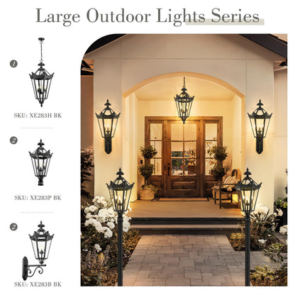 Emliviar 32 Inch Outdoor Front Door Hanging Light, Farmhouse Exterior Pendant Lantern Waterproof Ceiling Mount with Seeded Glass, Black Finish, XE283H BK