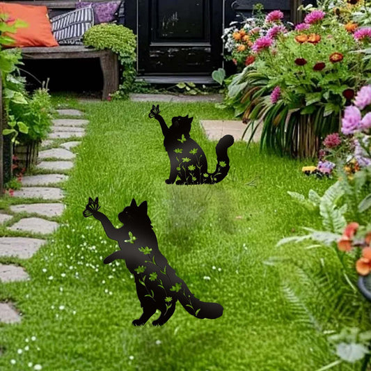 Bnesi Floral Long-Haired Cat Yard Decor Pet Grave Markers Metal Sign Silhouette Garden Ornament Pet Grave Markers Outdoor Cat Memorial Gift Flowerbed Decor (Lively)