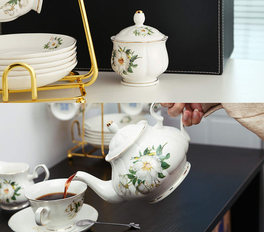 CHENP.HMC Porcelain Tea Set Tea Cup Set 22-Piece Porcelain Ceramic Coffee Tea Gift Sets Cups Saucer Service for 6 Teapot Sugar Bowl Creamer Pitcher and Teaspoons tea pot sets(Camellia)