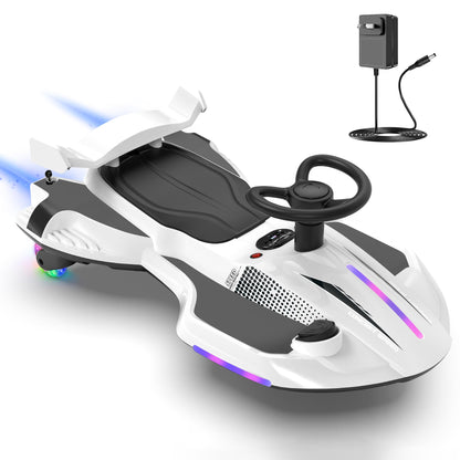 12V Electric Wiggle Car with Pedal for Kids, Rechargeable 2 in 1 Swing Car, Drifting Ride On Toys with Backrest, Anti-Rollover, Spray, Flashing Light, Music, for Ages 3 and Up (White)