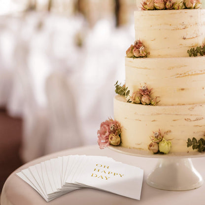 Oh Happy Day Cocktail Napkins - Gold Foil 3-Ply Disposable Napkins for Weddings, Engagements, Bridal Showers, Baby Showers, Birthdays, Anniversaries & Happy Celebrations