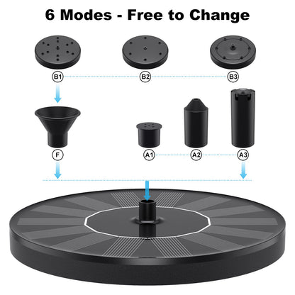Priksia Solar Water Fountains,Solar Powered Bird Bath Fountain with 6 Nozzles - Free Standing Floating Solar Fountains for Bird Bath, Garden, Pond, Pool (Black-1.4W)