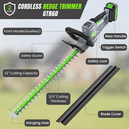 Hedge Trimmer Cordless 22" - 21V Powerful Electric Hedge Trimmer with 2 x 2.0Ah Batteries and Fast Charger, Easy to Use, 3200RPM Lightweight Battery Powered Bush Trimmers for Garden, Yard Care, GT860