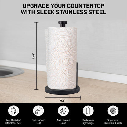 Steelware Central Black Paper Towel Holder Countertop Stainless Steel Paper Towel Stand with Weighted Non-Slip Base One-Handed Tear, Rust-Resistant Kitchen Roll Holder, Standard, Jumbo & Large Rolls