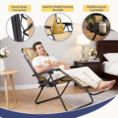 Sweetcrispy Zero Gravity Chairs, Set of 2 Portable Recliner Beach Camping Patio Outdoor Folding Lounge Chair with Cup Holder Trays and Adjustable Pillow for Poolside, Garden, Backyard, Lawn (Khaki)
