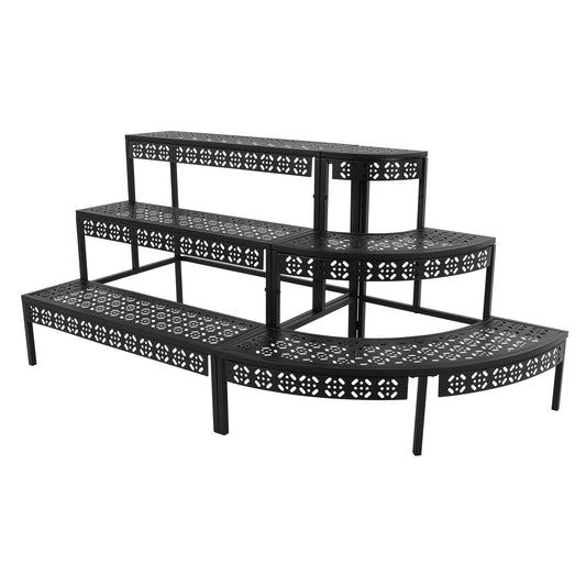 Fichiouy 3 Tier Plant Stand for Indoor Outdoor, Large Capacity Iron Plant Shelf Stand for Multiple Potted Plants with Stepped Design,35.43/43.31/51.18in,Vintage Black Fan Shape Garden Stands