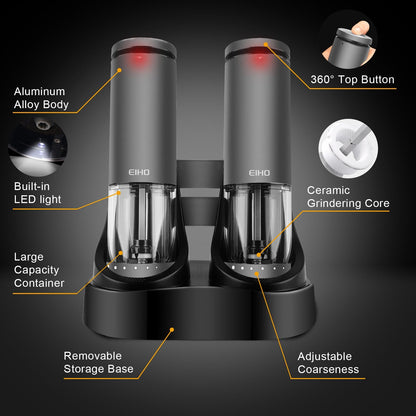 EIHO Electric Salt and Pepper Grinder Set USB Rechargeable, Upgraded External Adjustable Coarseness, Aluminum Alloy Automatic Salt and Pepper Shakers Mills with LED Light, House Warming Cooking Gifts