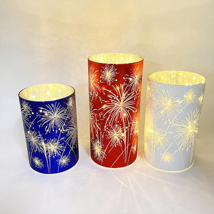 Set of 3 Celebration Hurricanes, Celebration Firework Lanterns - Premium Patriotic Red White Blue Trio, Etched Firework Starburst Lights, Twinkling Table Centerpieces for Wedding & Holiday Décor (A)