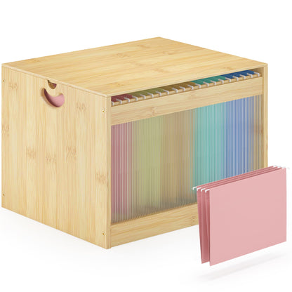 Hanging File Box Organizer for Letter Size, Bamboo Acrylic File Folder Storage with Lid Clear Moving Boxes Wooden with Handle Desktop Wood Filing Holder for Office Banker Document Nature 1 Pack