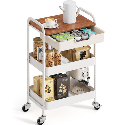 TOOLF 3 Tier Metal Utility Rolling Cart - White Storage Cart with Drawer and Wooden Table Top, Trolley Kitchen Organizer Rolling Desk with Locking Wheels for Office, Classroom, Home, Bedroom