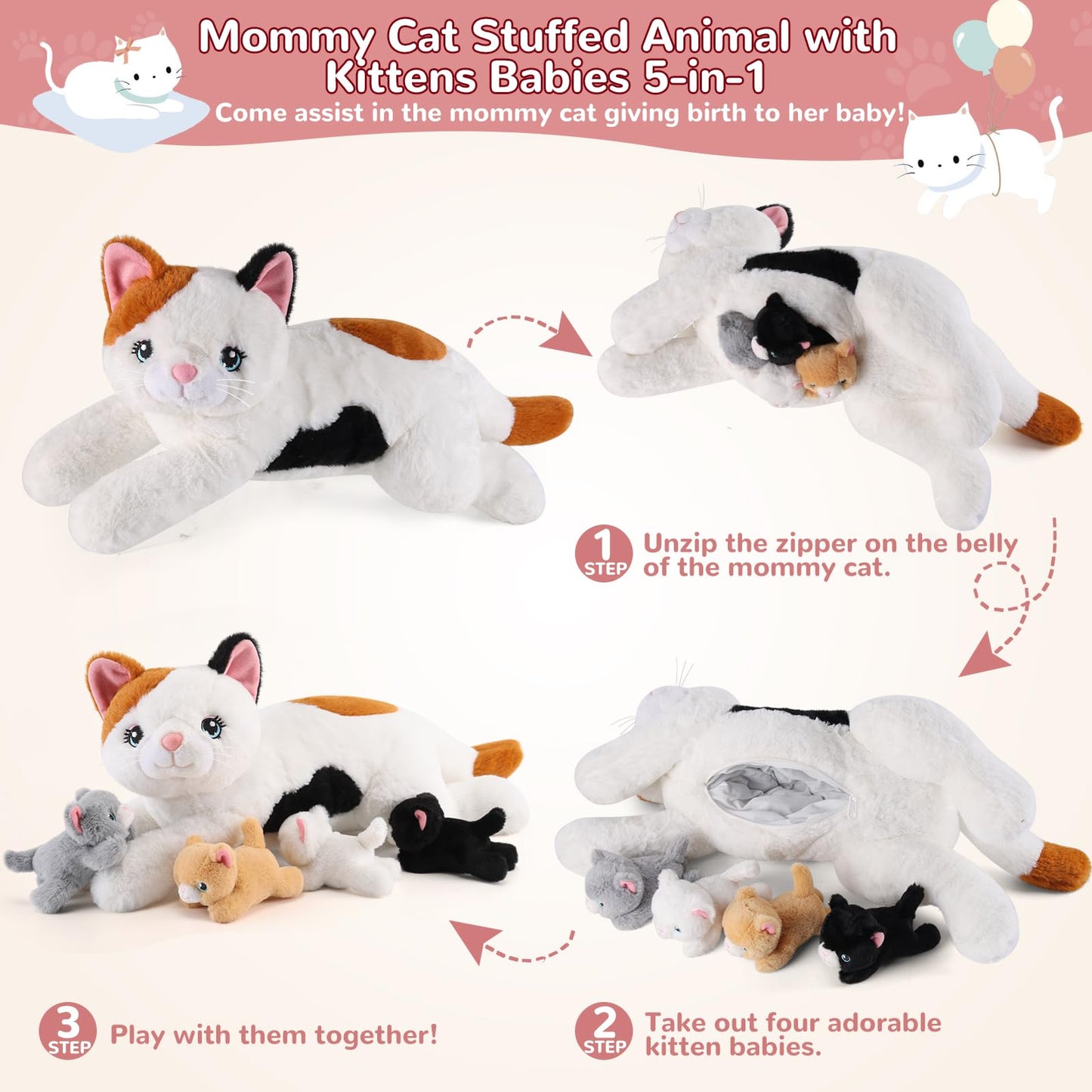 gnomantic 5 Pieces Cat Stuffed Animals with Babies Inside Belly - 1 Mommy Stuffed Cat with 4 Kittens - Stuffed Kitty Plush Toys for Kids Age 3-8, Gifts Ideal for Christmas, Valentine's, Birthday