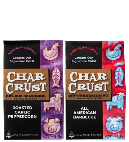 Char Crust Dry-Rub Seasonings 2-Flavor Grilling Gift Pack | All American Barbecue and Roasted Garlic Peppercorn | BBQ Rubs for Steak, Chicken, Burgers, Fish | 4 Ounce (Pack of 2)