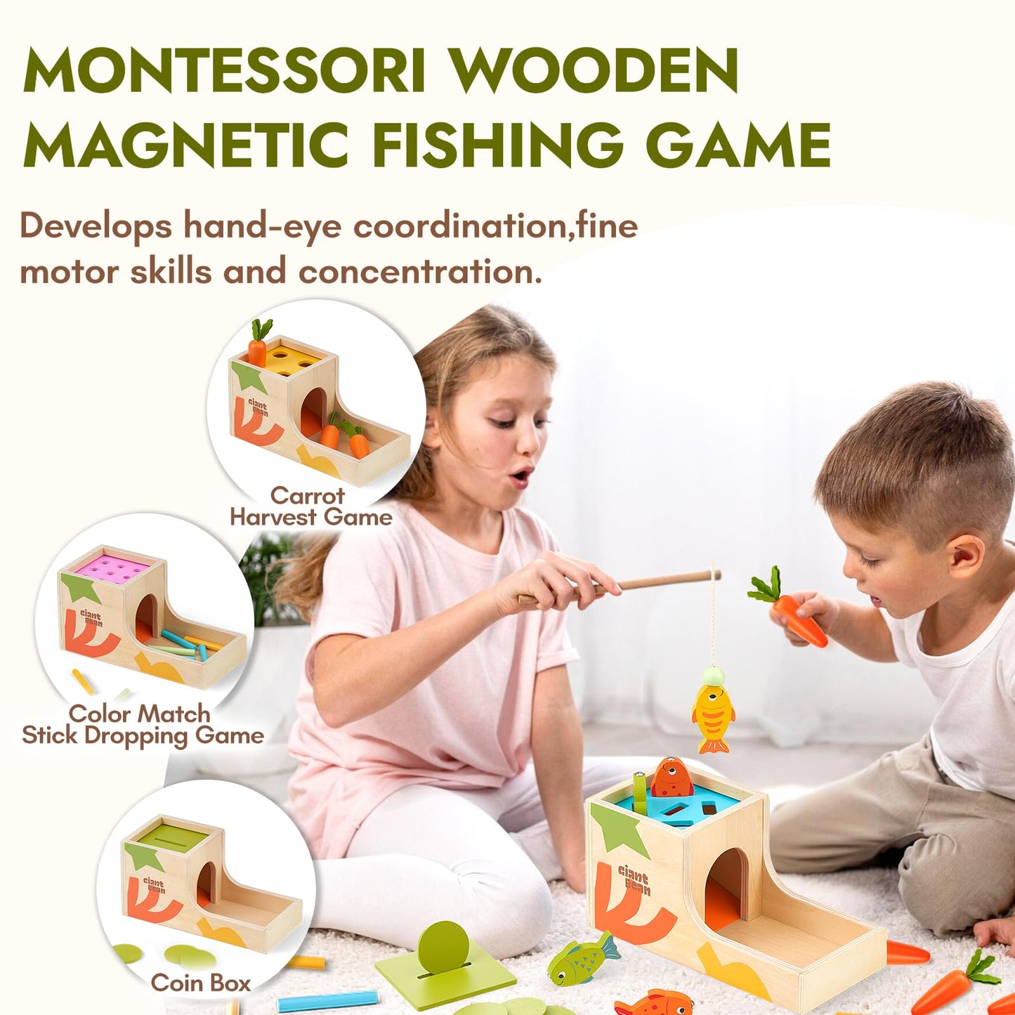 Giant bean 8-in-1 Wooden Montessori Toys Set Learning Toys for Baby 12-18 Month with Object Permanence Box, Senser Ball Roll Tower, Hammer, Fishing Carrot, Shape Sorting Stacking Cup for Kids 1+