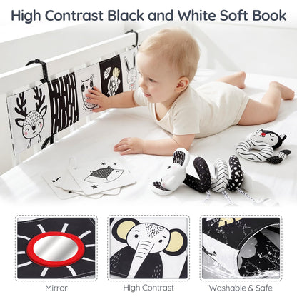 Joyreal High Contrast Baby Toys for Newborn, Black and White Baby Sensory Toys with Car Seat Toys,Infant Toys with Black White Cards Book, Montessori Toys for Baby Gifts (Elephant Theme)