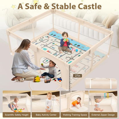 71 x 59 Baby Play Pen with Mat - Indoor & Outdoor Playpen for Babies and Toddlers - Extra Large Play Yards with Soft Foam & Sturdy Bottom Suction Cups - Toddler Baby Play Yard with Gate(Apricot)