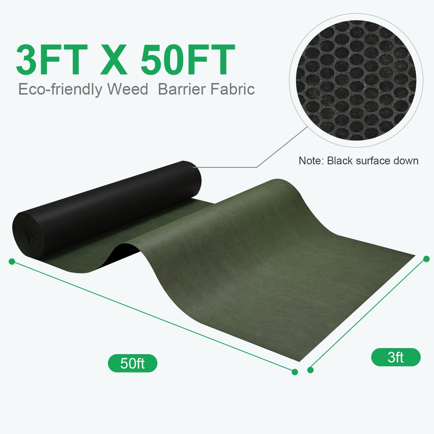 EnonGarden 3x50ft Weed Barrier Fabric & Landscape Fabric,Green Black Heavy-Duty Non-Woven Ground Cover, Easy Setup Weed Control Mat for Garden, Yard, Farm, Orchard, Fruit Trees