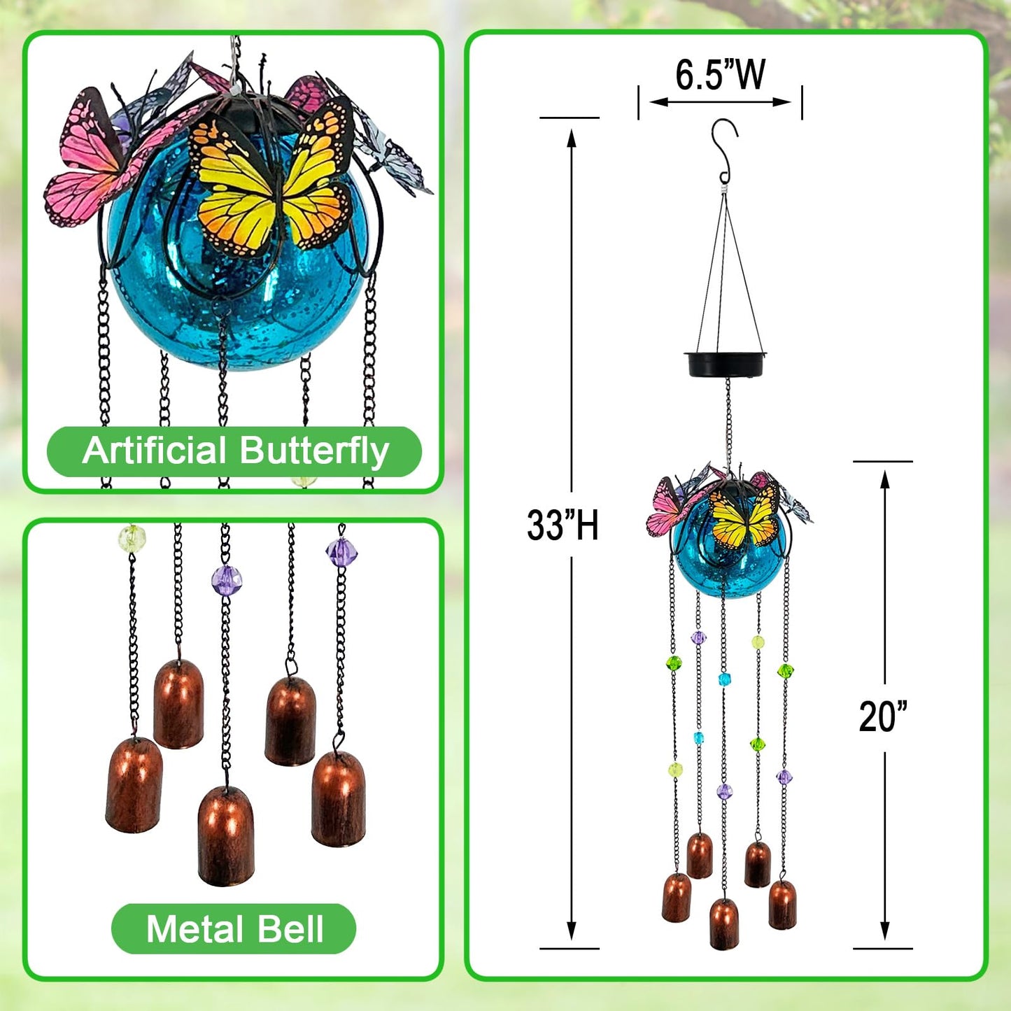 Butterfly Wind Chimes for Outside,Plastic Ball Dangle Solar Lights Outdoor,Waterproof Hanging Yard Decorations for Garden,Patio,Porch