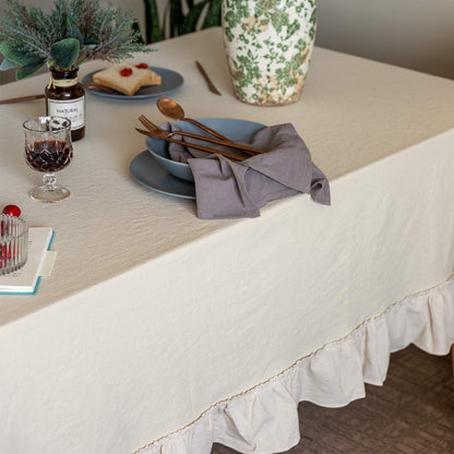 GLORY SEASON Retro Farmhouse Ruffle Tablecloth Cotton Flounces Trim Washable Table Cover Tablecloths for Rectangle Table Baby Shower Kitchen Party Wedding Decor, 52''x70''