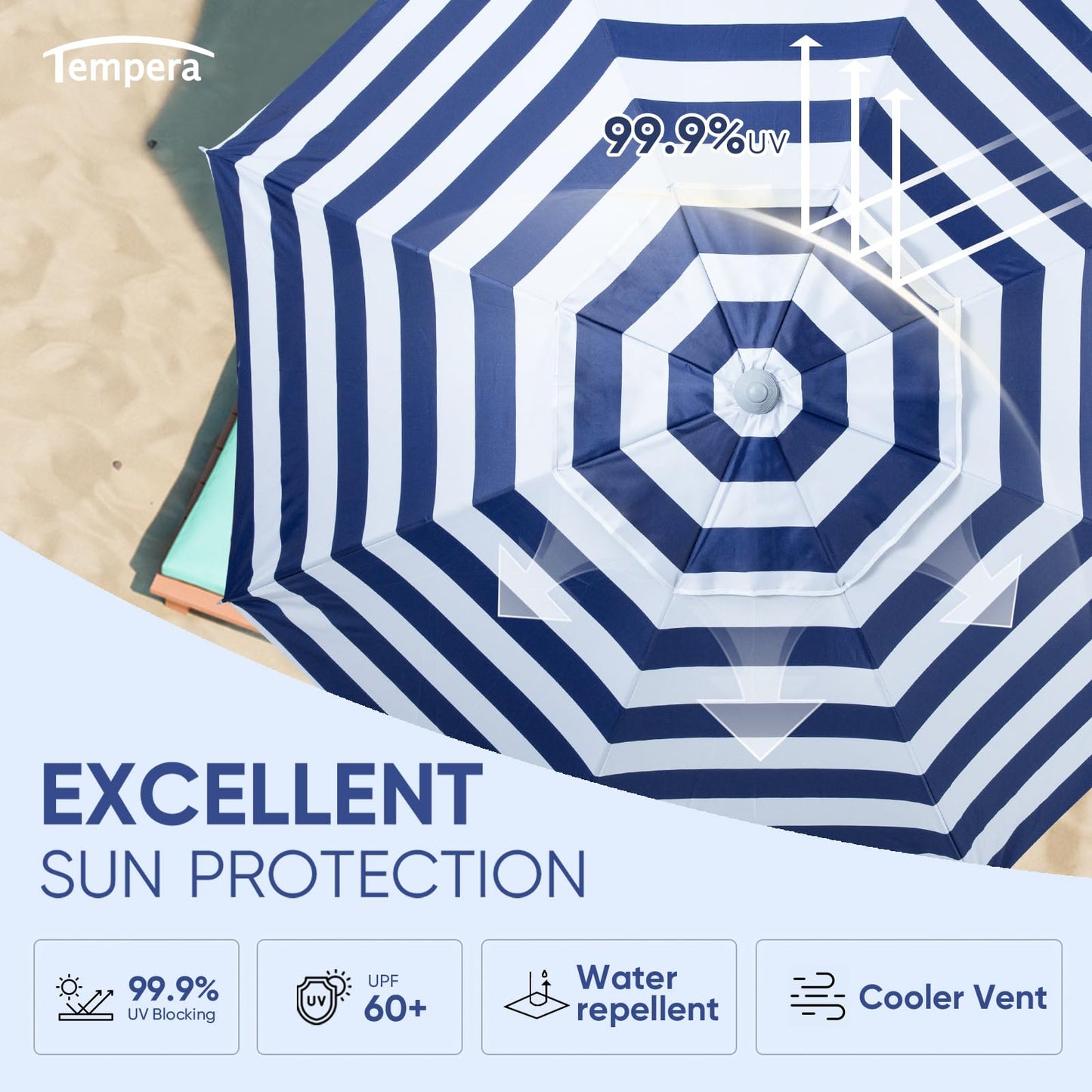 Tempera Heavy Duty High Wind Beach Umbrella with Sand Anchor & Carry Bag | Patio Outdoor Umbrella with Aluminum Frame and Push Button Tilt, Ideal for Garden Lawn, UPF 60+, Blue White Stripe