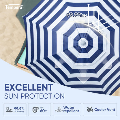 Tempera Heavy Duty High Wind Beach Umbrella with Sand Anchor & Carry Bag | Patio Outdoor Umbrella with Aluminum Frame and Push Button Tilt, Ideal for Garden Lawn, UPF 60+, Blue White Stripe