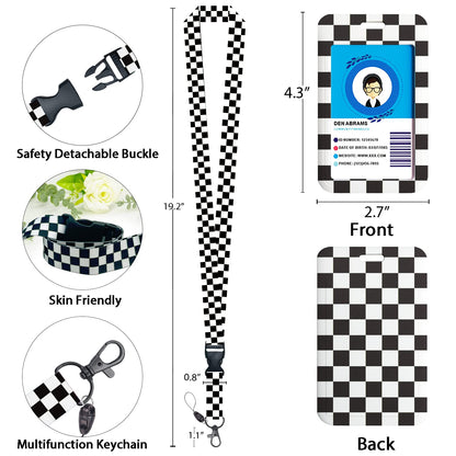 Black and White Checkered Lanyards for Id Badges, Cute Badge Reel Heavy Duty with Carabiner Clip, Fashionable ID Badge Holder with Breakaway Lanyard, Teacher Nurse Office Christmas Gifts