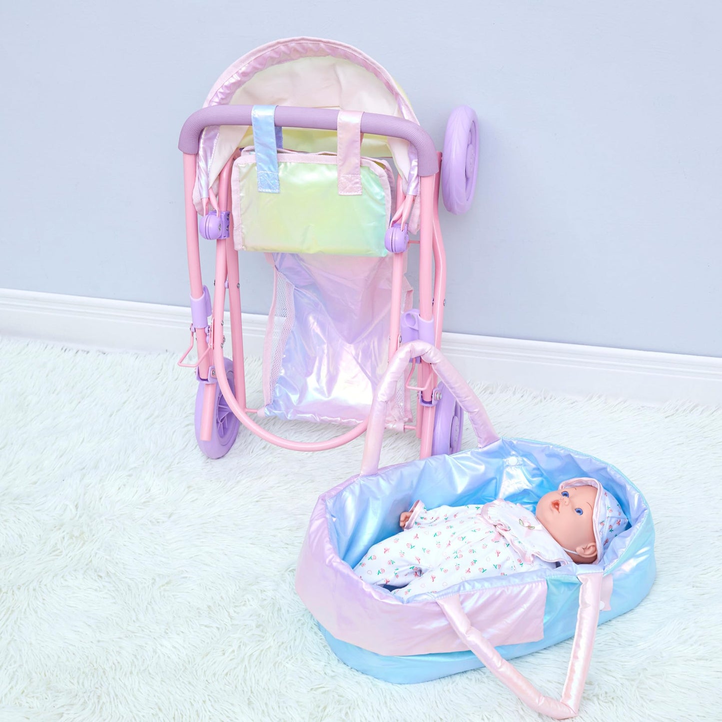Olivia's Little World - Play Baby Doll Bassinet Stroller, Baby Doll Pram Stroller Buggy for 5 Year Old Girls, Magical Dreamland Baby Doll Deluxe 2-in-1 Stroller for up to 16" Dolls - Multicolor