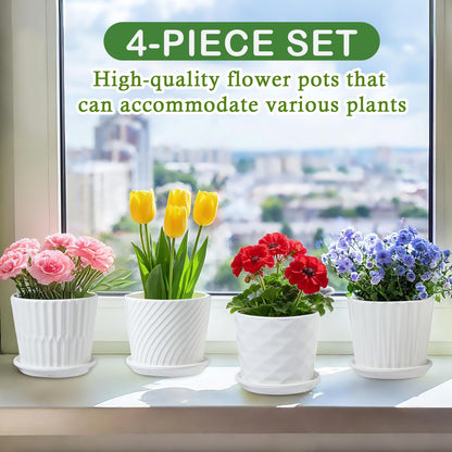 sietpoek Plant Pots - 5.5 Inch Cylinder Ceramic Planters with Connected Saucer, Pots for Succuelnt and Little Snake Plants, Set of 4, White
