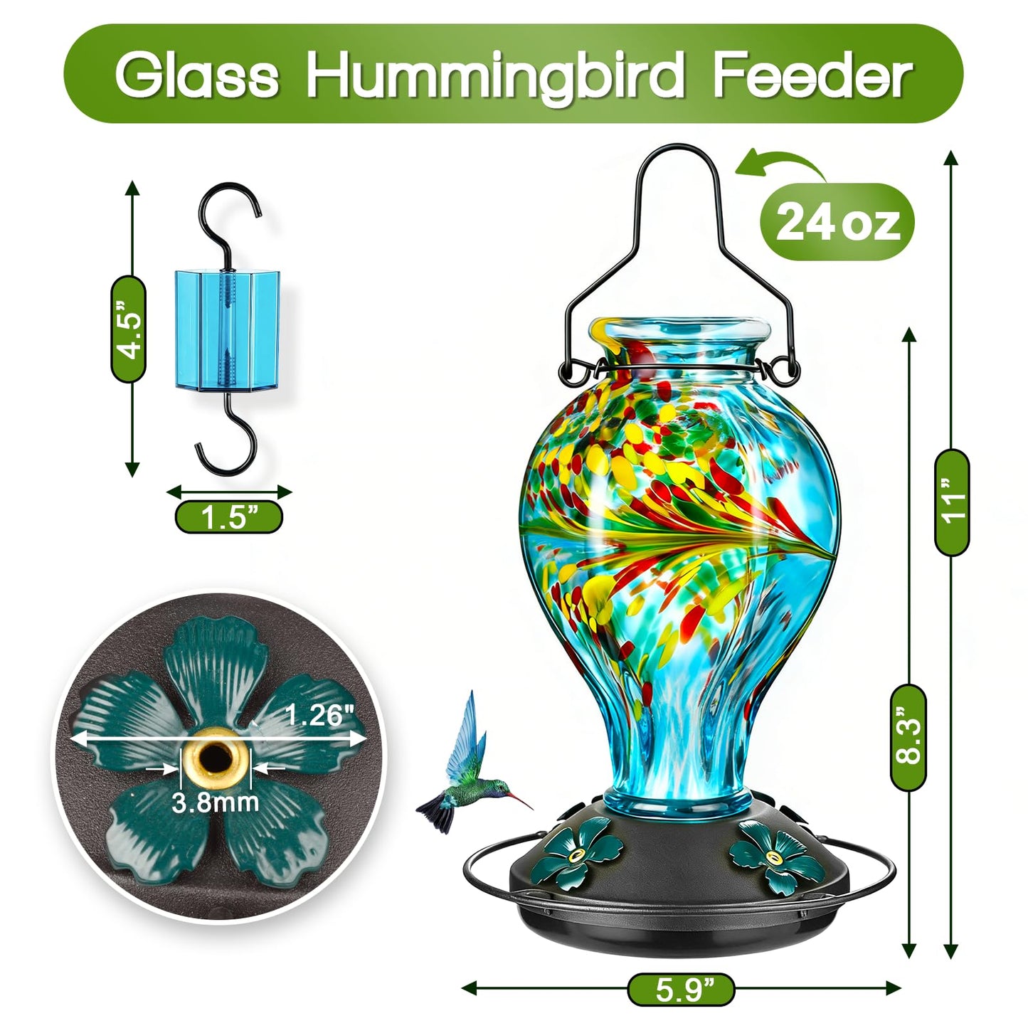 Tegarbed Hand Blown Glass Hummingbird Feeders for Outdoors Hanging, 24oz Wild Bird Nectar Feeder with Ant Moat and Perch, Bee-Resistant Ports, Garden Decor, Gifts for Women Mom, 1 Pack, Blue Phoenix
