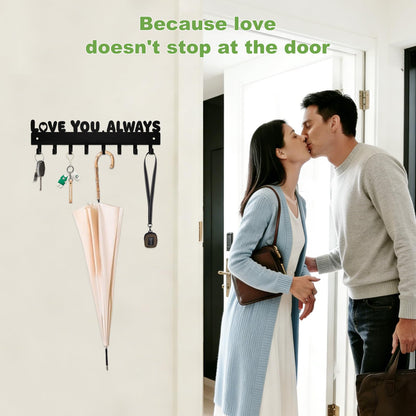 Key Holder Wall Mount & Love You Always Sign Key Holder, Key Hooks with 8 Hooks, Key Holder for Wall Self Adhesive, Key Rack for Wall No Drill for Entryway, Front Door, Hallway, Living Room - Black