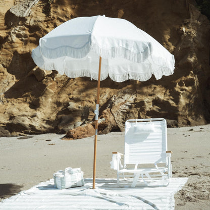 Business & Pleasure Co. Holiday Umbrella - Boho Beach Umbrella with White Fringe, UPF 50+, 1" Tilting Wood Pole, 5’ x 6.5’, Antique White
