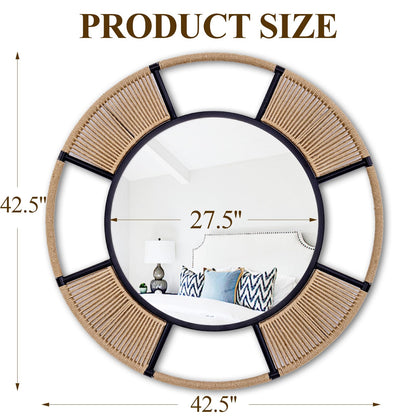 Autdot Large Boho Round Wall Mirror for Living Room, 42.5'' Coastal Circle Mirror with Detachable Rattan Frame, Rustic Circle Mirrors for Dining Room Bathroom Hallway Entrance