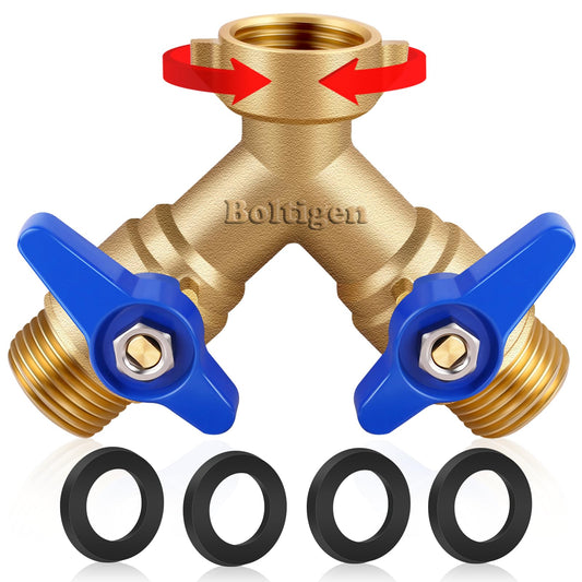 Boltigen Garden Hose Splitter Full Flow Port 2 Way Heavy Duty Brass Y Type Hose Connector 3/4'' GHT Thread Water Hose Shuf Off Valve Adapter Fitting, for Outdoor Faucet Irrigation House Sprinkler