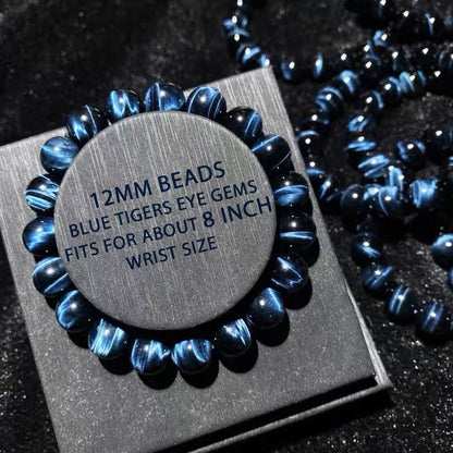 12MM Blue Tigers Eye Mens Bracelet | Fits for About 8" Large Strong Wrist | Throat Chakra Gems | Birthstone for June | Bring Inner Calm & Love & Fortune | Stones of Motivation & Willpower