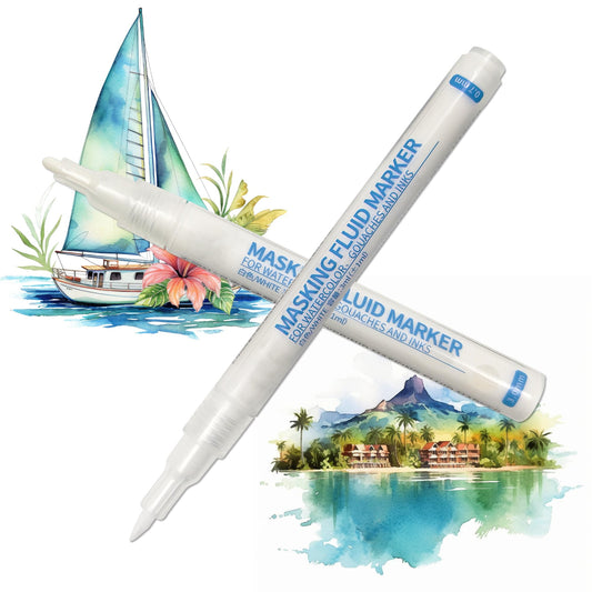2 Pcs White Masking Fluid Pens for Watercolor Painting, 0.7mm 3.0mm Applicator Tip Markers Set with 2 Cleaning Erasers, Art Masking Fluid Pen Watercolor Medium Art Supplies for Artists
