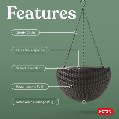 Keter Resin Rattan Set of 2 Round Hanging Planter Baskets for Indoor and Outdoor Plants-Perfect for Porches and Patio Decor, Cappuccino
