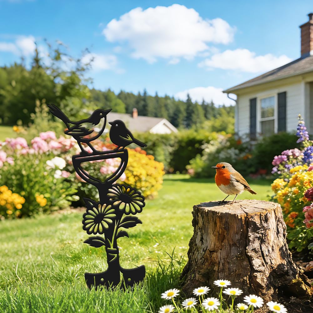 SUPERDANT Metal Garden Stake Bird Flower Silhouette Matte Black Powder Coated Iron Yard Art Decorative Plant Lawn Patio Courtyard Farmhouse Decoration Gift