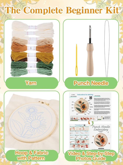 Punch Needle Kit Adults Beginner- Step-by-Step Guide & Video, Including Punch Needle Fabric with Pattern/Hoop/Needle/Yarns, Spring Embroidery Craft Kits, Easy Hobby Gifts for Women, Sunflower